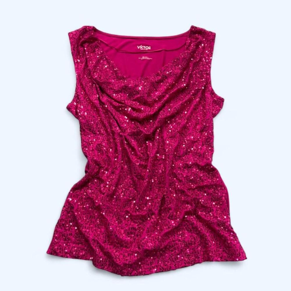 Victor Alfaro Women's Pink Sequin Cowl Neck Sleeveless Top